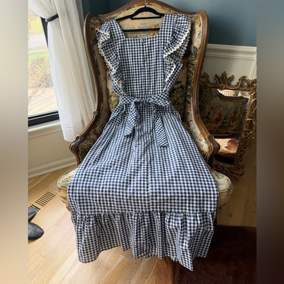 Vintage navy Gingham Maxi Dress Cottagecore French Countryside Prarie ruffle tie - Picture 6 of 7